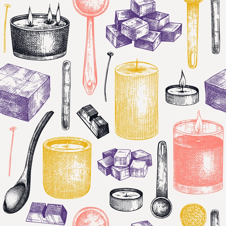 Aromatic candles making kit background. Vector backdrop with candle ingredients, wax and fragrant materials. Seamless pattern for aromatherapy, hygge home or holiday decoration, meditation.